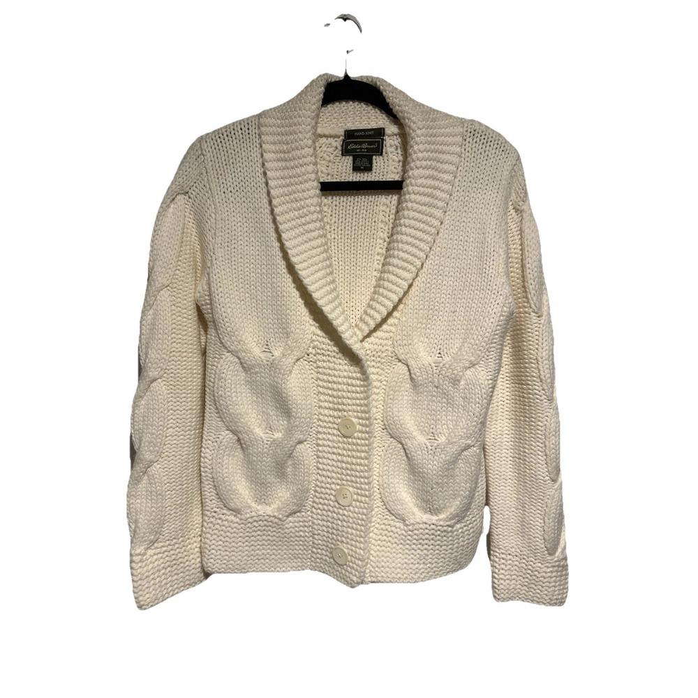 Eddie Bauer Nordic Fisherman Hand Knit Cardigan Ivory‎ Size Medium Cable Knit